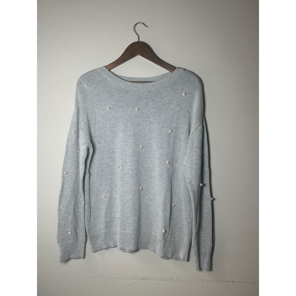 Liz Claiborne Dove Grey Scattered Pearl Embellished Crew Neck Sweater L